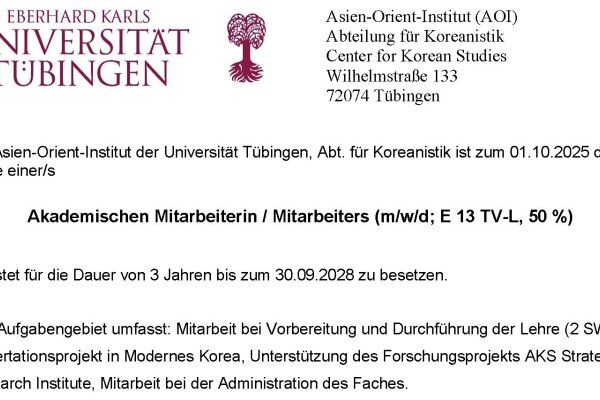 Ausschreibung Wiss. Mita. _1.10.25-30.9.28 Koreanistik _tübingen